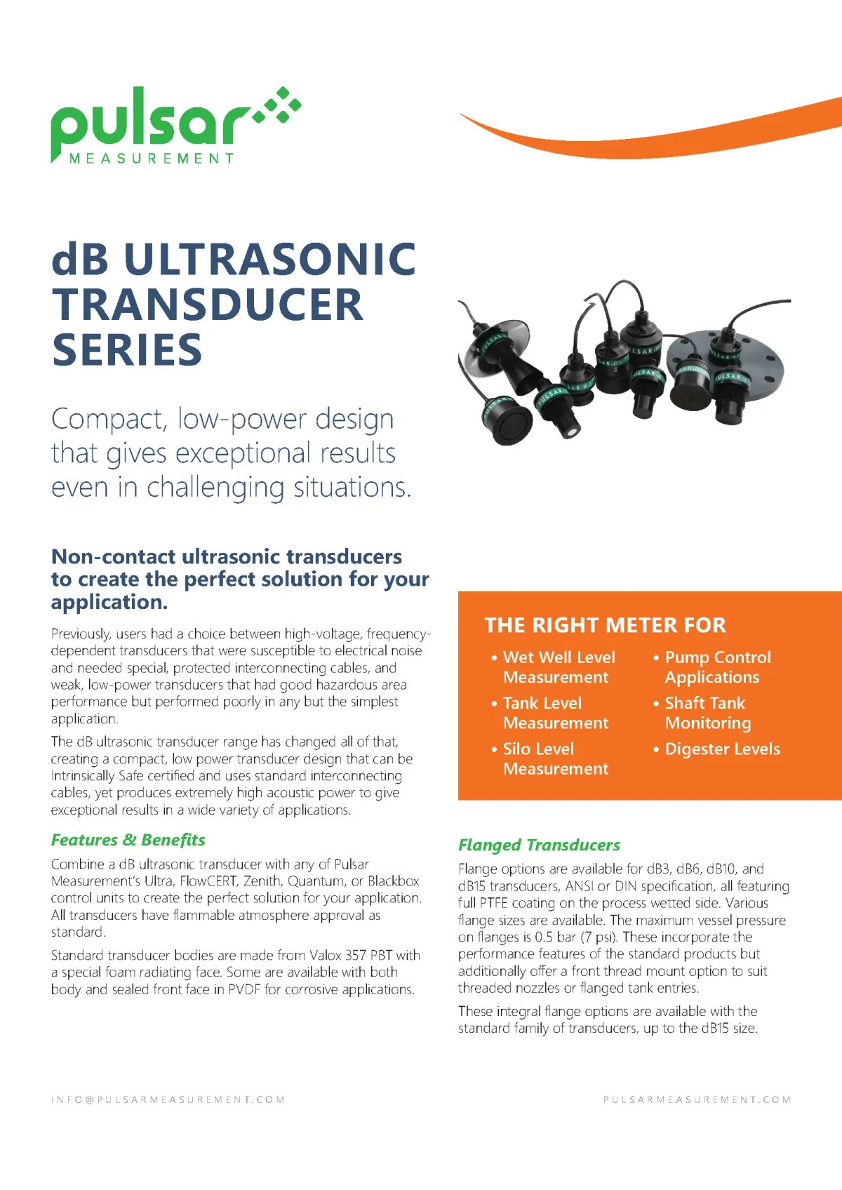 Pulsar Measurement dB Ultrasonic Transducer Series product brochure cover, designed by Adam Morrison.