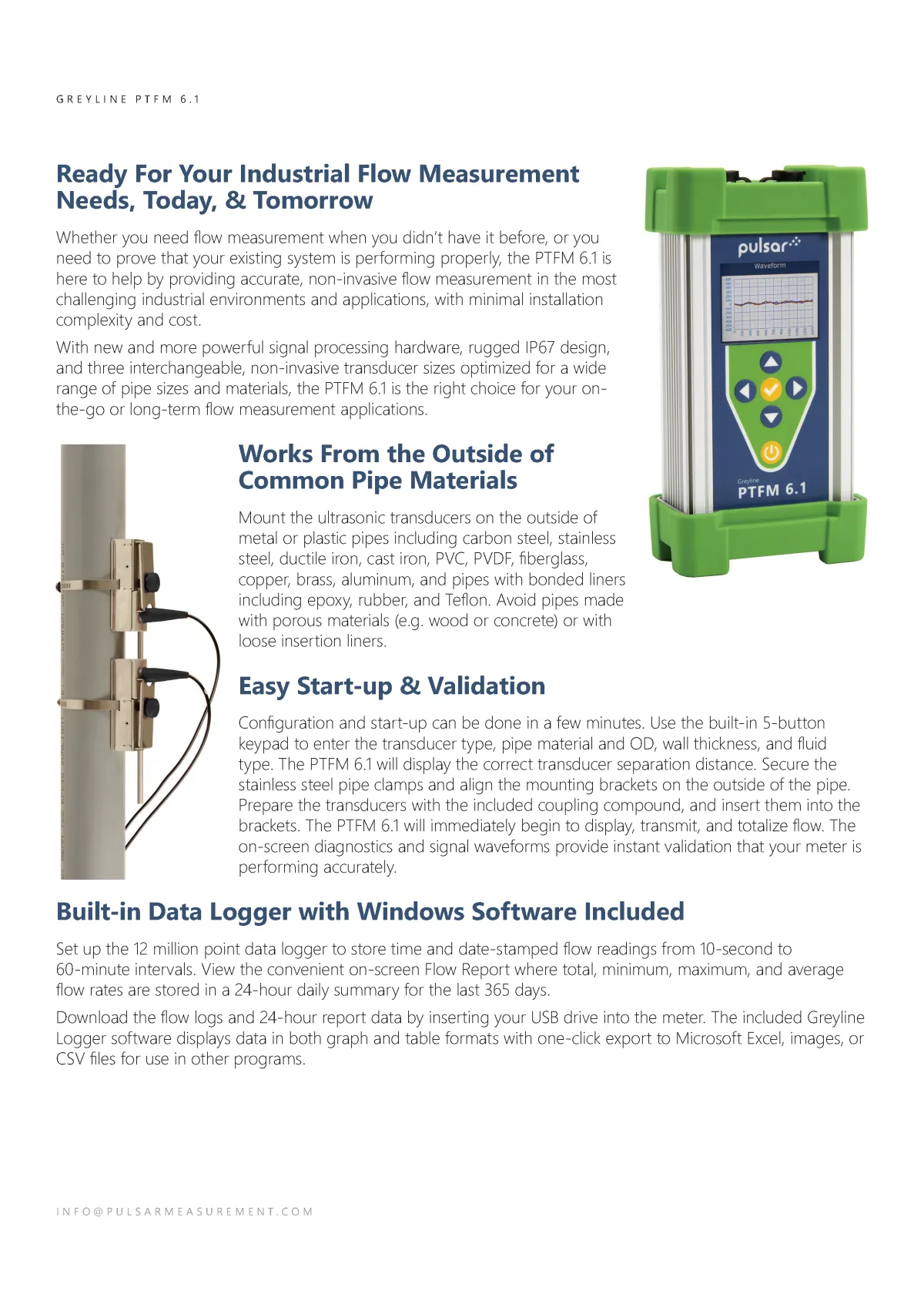 Pulsar Measurement product brochure internal text and images of the PTFM 6.1