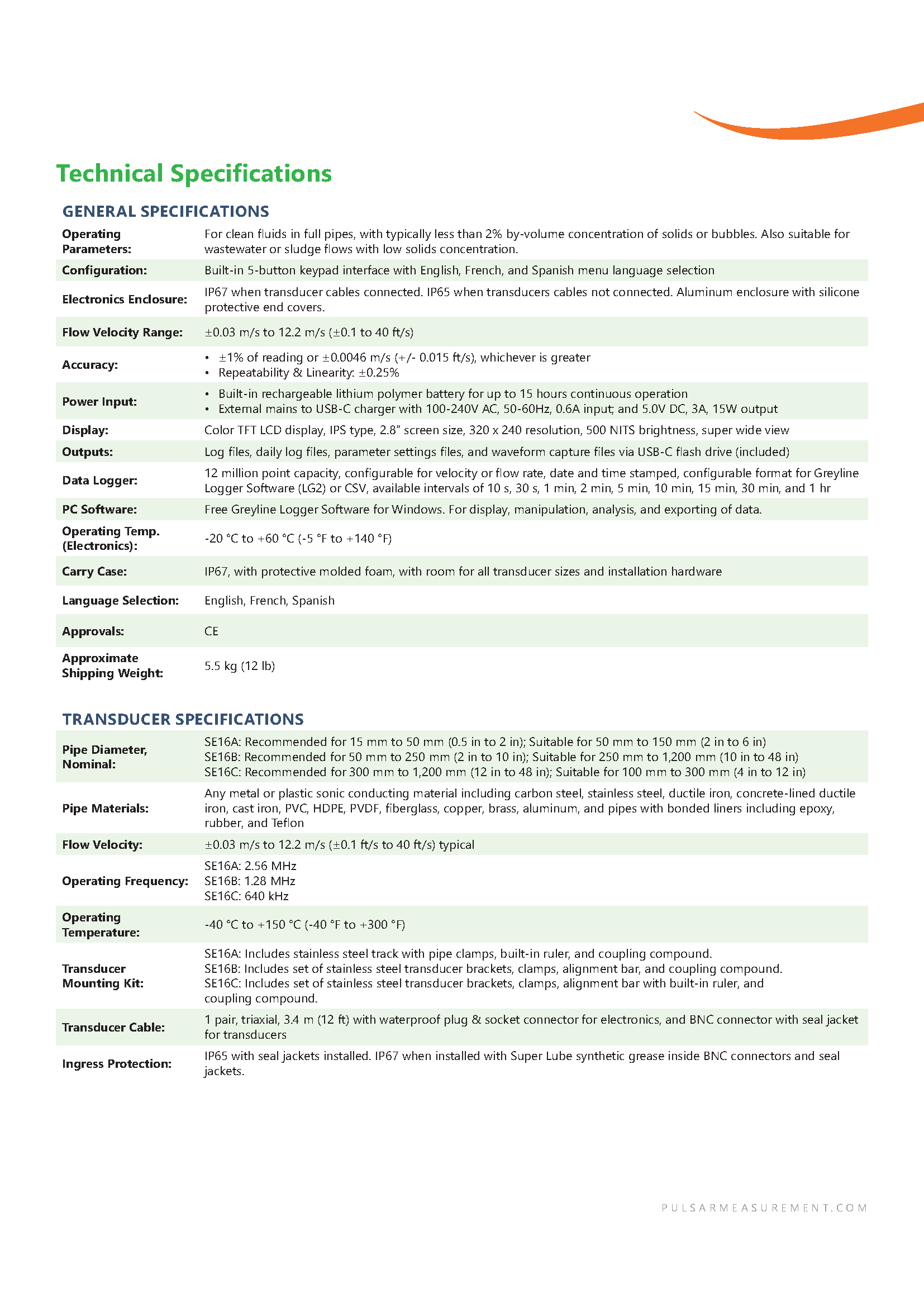 Pulsar Measurement product brochure internal page of technical information for the PTFM 6.1