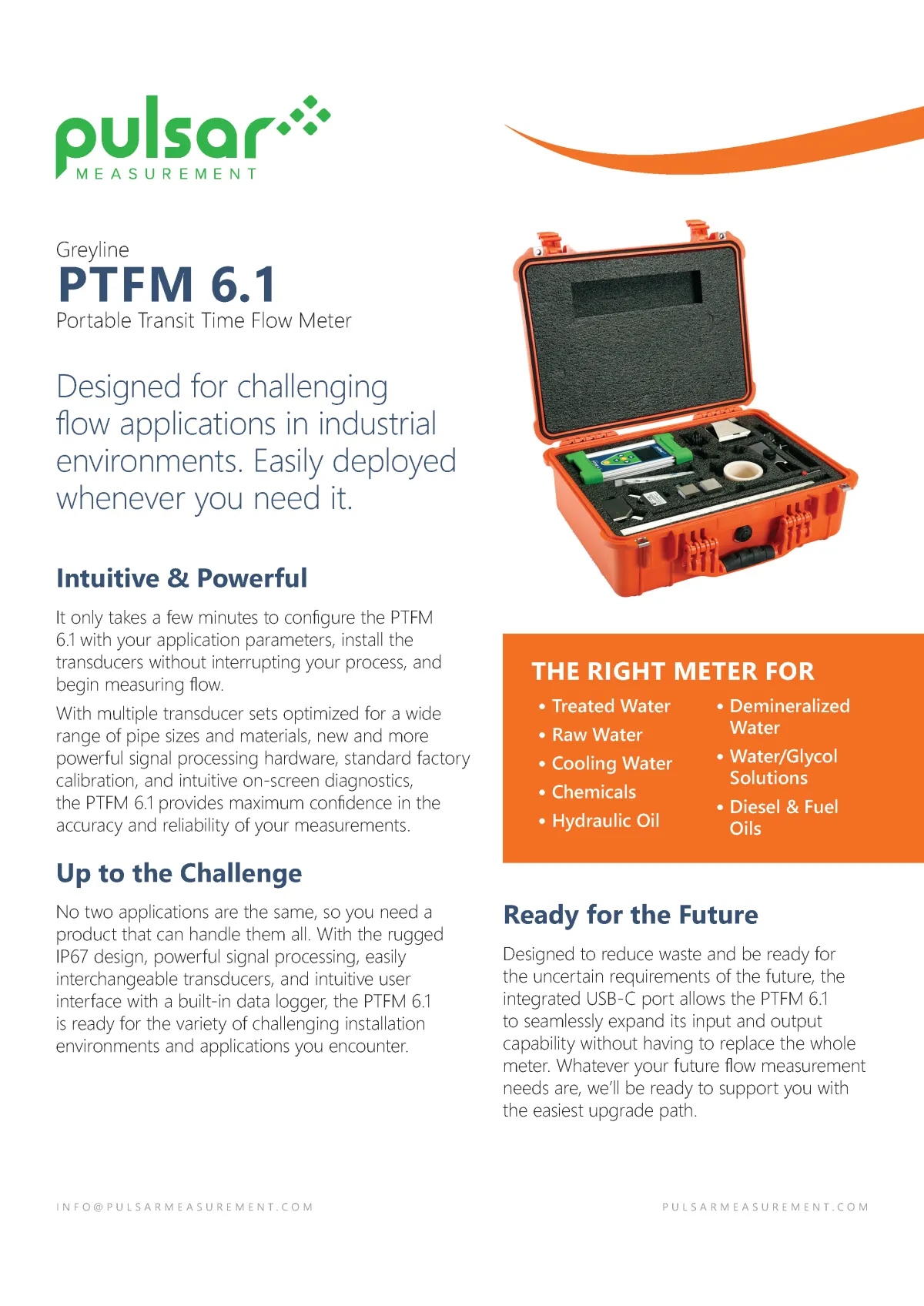 Pulsar Measurement product brochure with an image of the PTFM 6.1 and an orange block of text, designed by Adam Morrison.