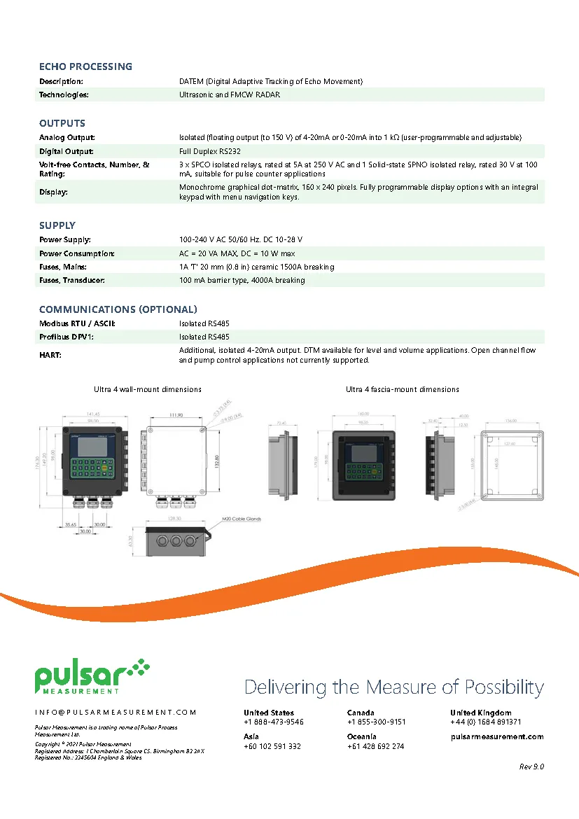 Ultra 4 datasheet by Pulsar Measurement featuring technical drawings of the product