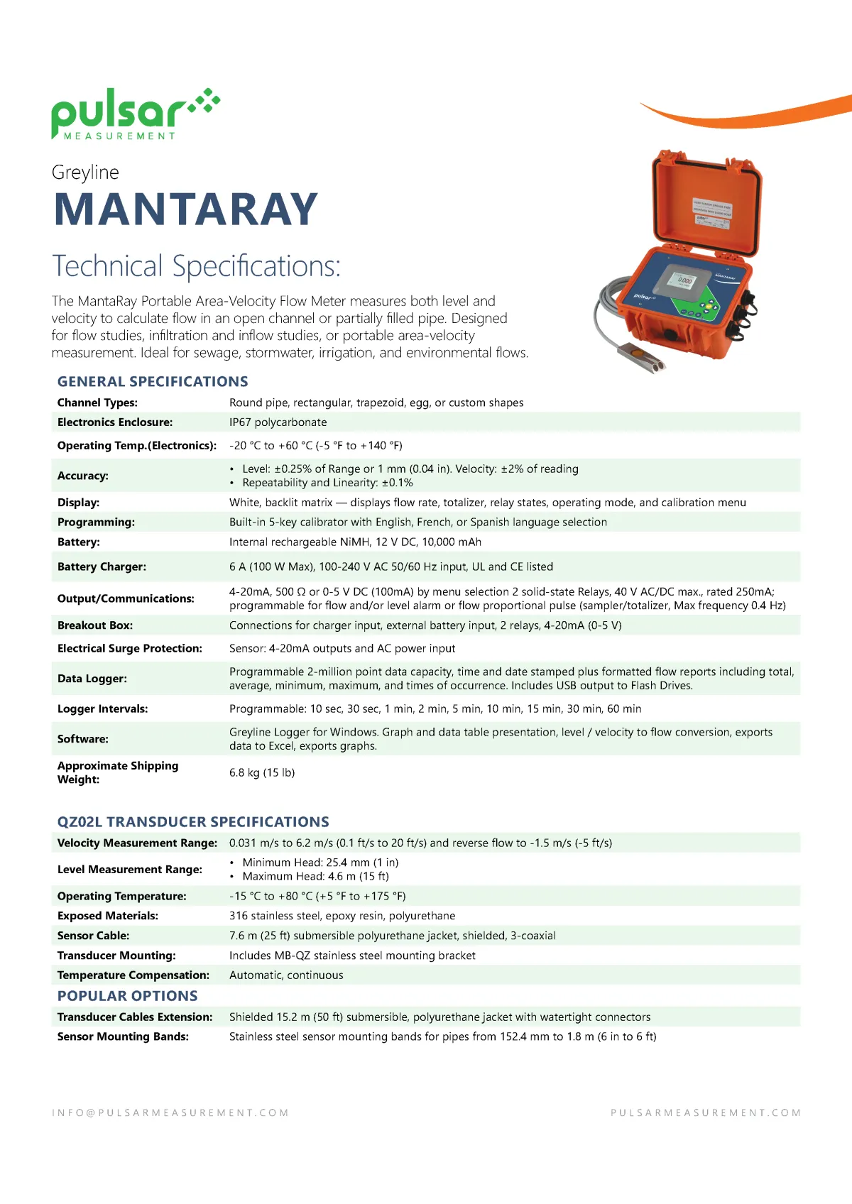 Datasheet for Pulsar Measurement MantaRay, designed by Adam Morrison.