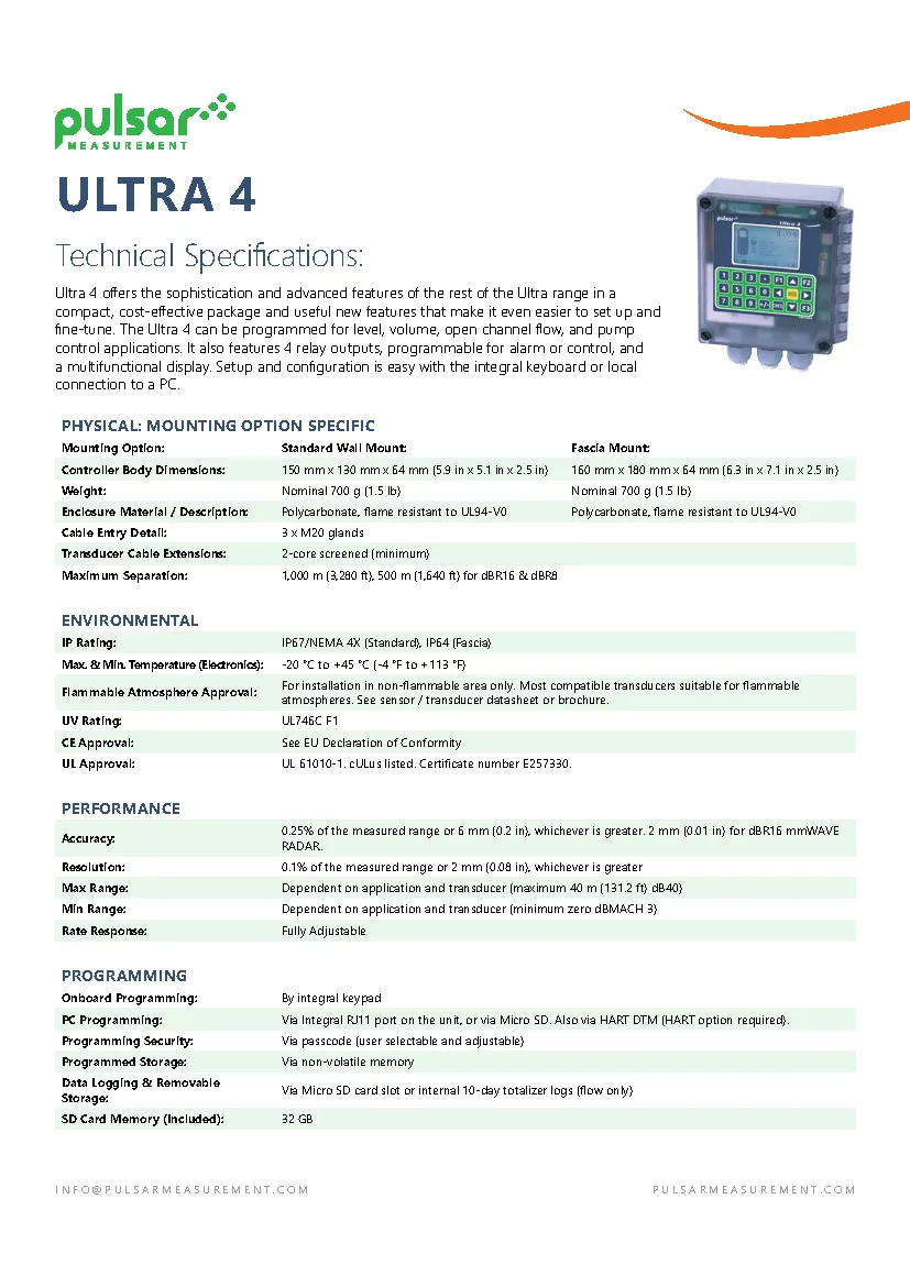 Ultra 4 datasheet by Pulsar Measurement featuring green and white rows of data, designed by Adam Morrison