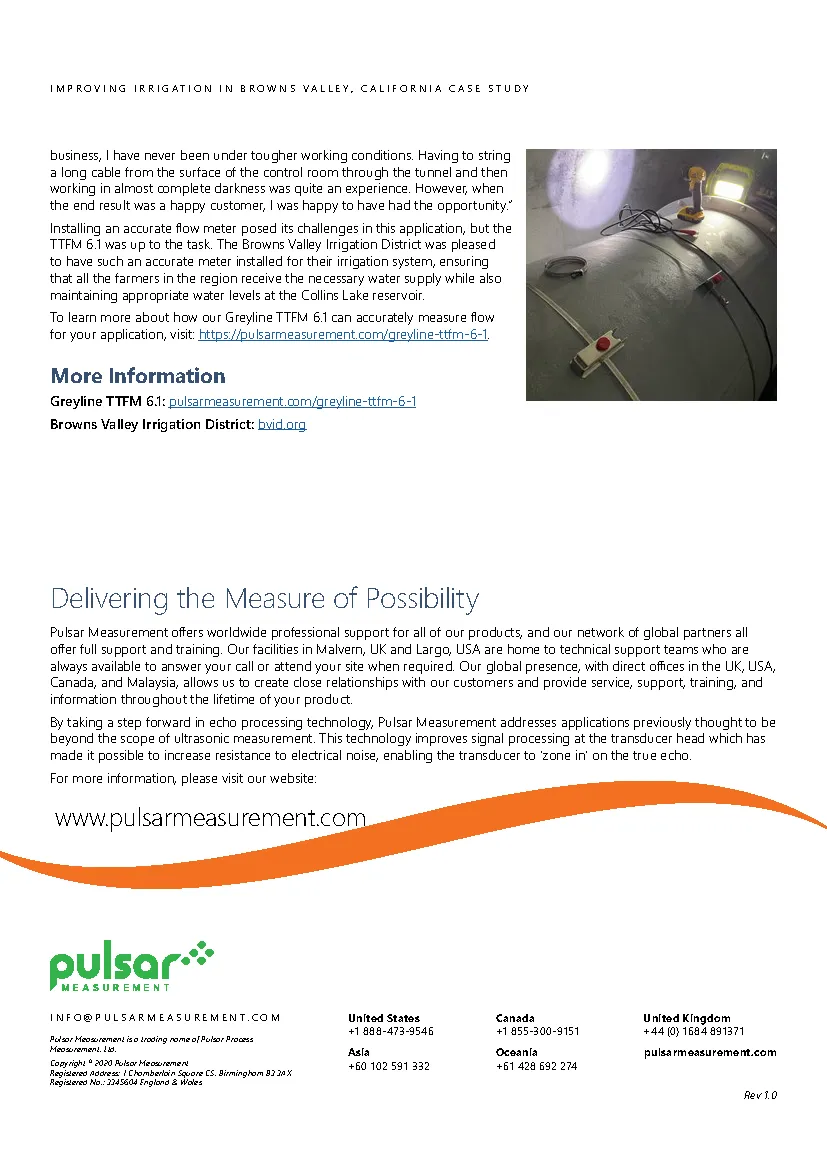 Page two of Pulsar Measurement case study featuring the brand logo and an orange wave, with a product application image where the product is used, designed by Adam Morrison