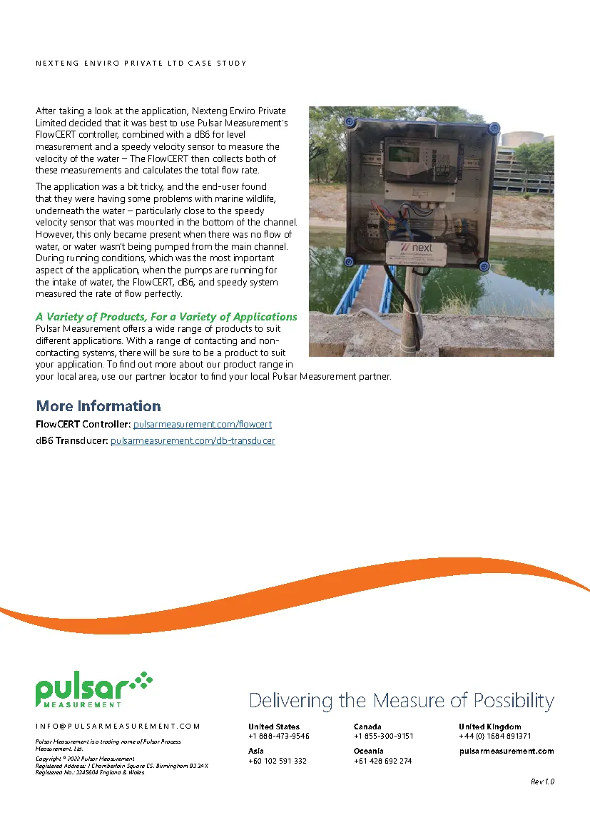 Page two of Pulsar Measurement case study featuring the brand logo and an orange wave, with a product application image where the product is used, designed by Adam Morrison