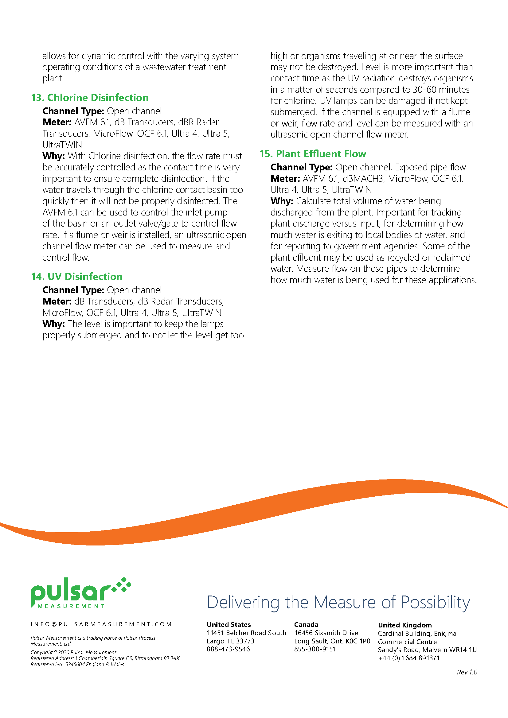 Pulsar Measurement text descriptions of wastewater applications guide, back page