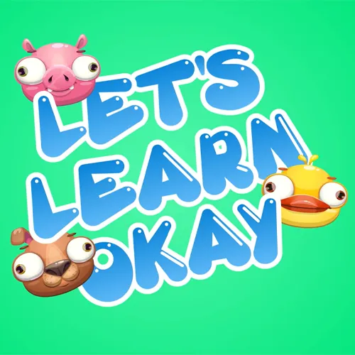 Silly vibrant logo of cartoon pig, squirrel, and chicken for Let's Learn Okay, designed by Adam Morrison