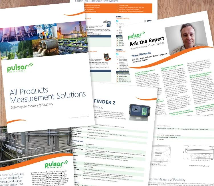 A series of brochures and documents designed for Pulsar Measurement, reflecting cohesive branding, technical details, and user-friendly content.