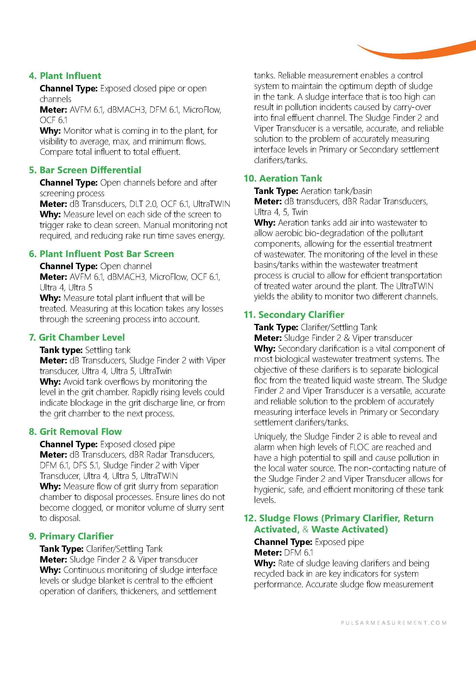 Pulsar Measurement text descriptions of wastewater applications guide