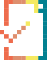 pixelized icon in burnt orange, sandy orange, yellow, and teal designed by adam morrison in shape of checkmark