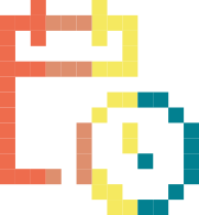 pixelized icon in burnt orange, sandy orange, yellow, and teal designed by adam morrison in shape of calendar