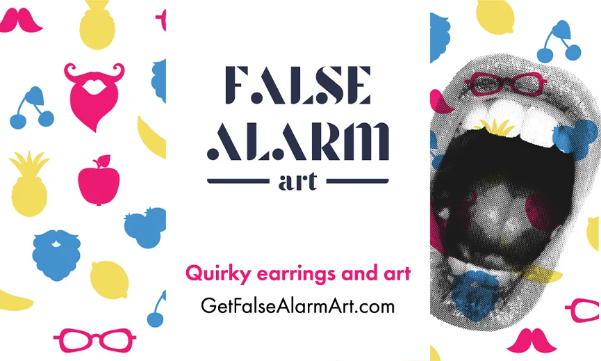 Business card front for False Alarm Art designed by Adam Morrison with bold beard and fruit shapes with a black and white screaming mouth