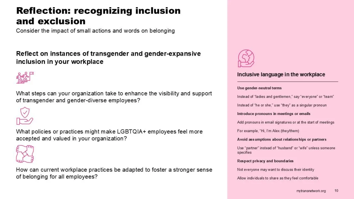 A slide prompting reflection on actions that can be taken to improve transgender and gender-expansive inclusivity in the workplace.