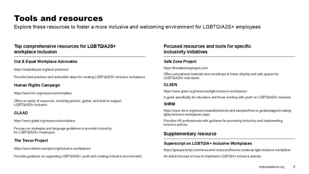 A slide with a list of comprehensive resources aimed at promoting LGBTQIA2S+ inclusivity in the workplace.