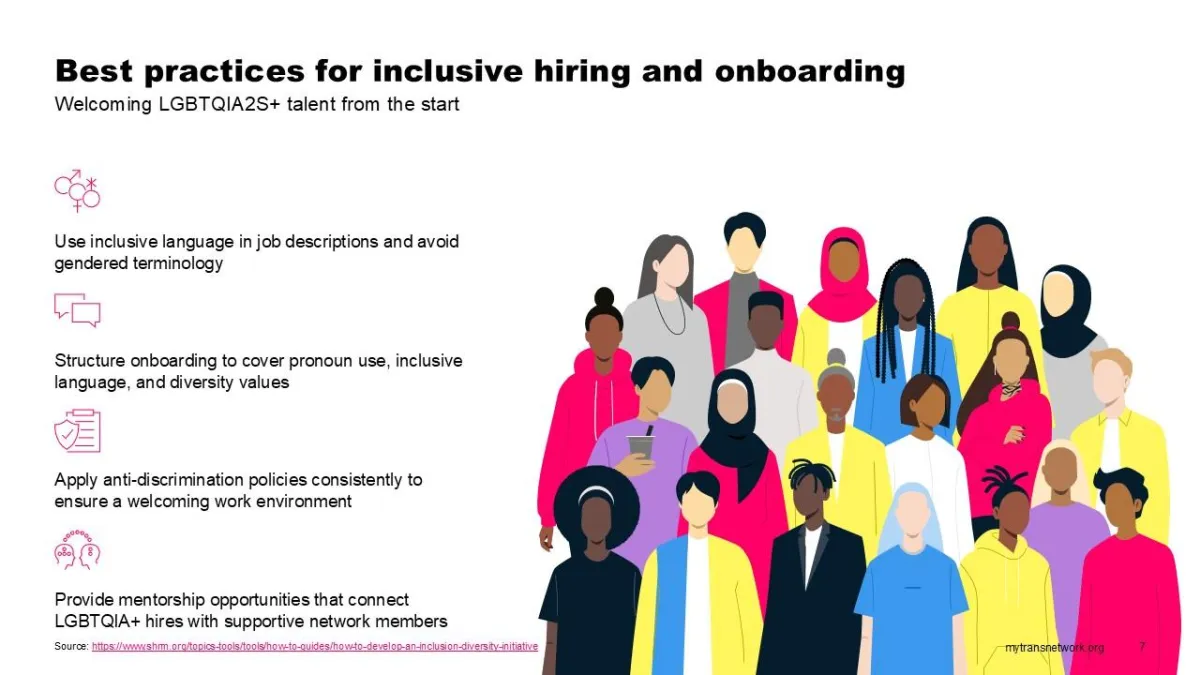 A slide with guidelines for welcoming LGBTQIA2S+ talent, including inclusive language and policies to ensure a welcoming work environment.