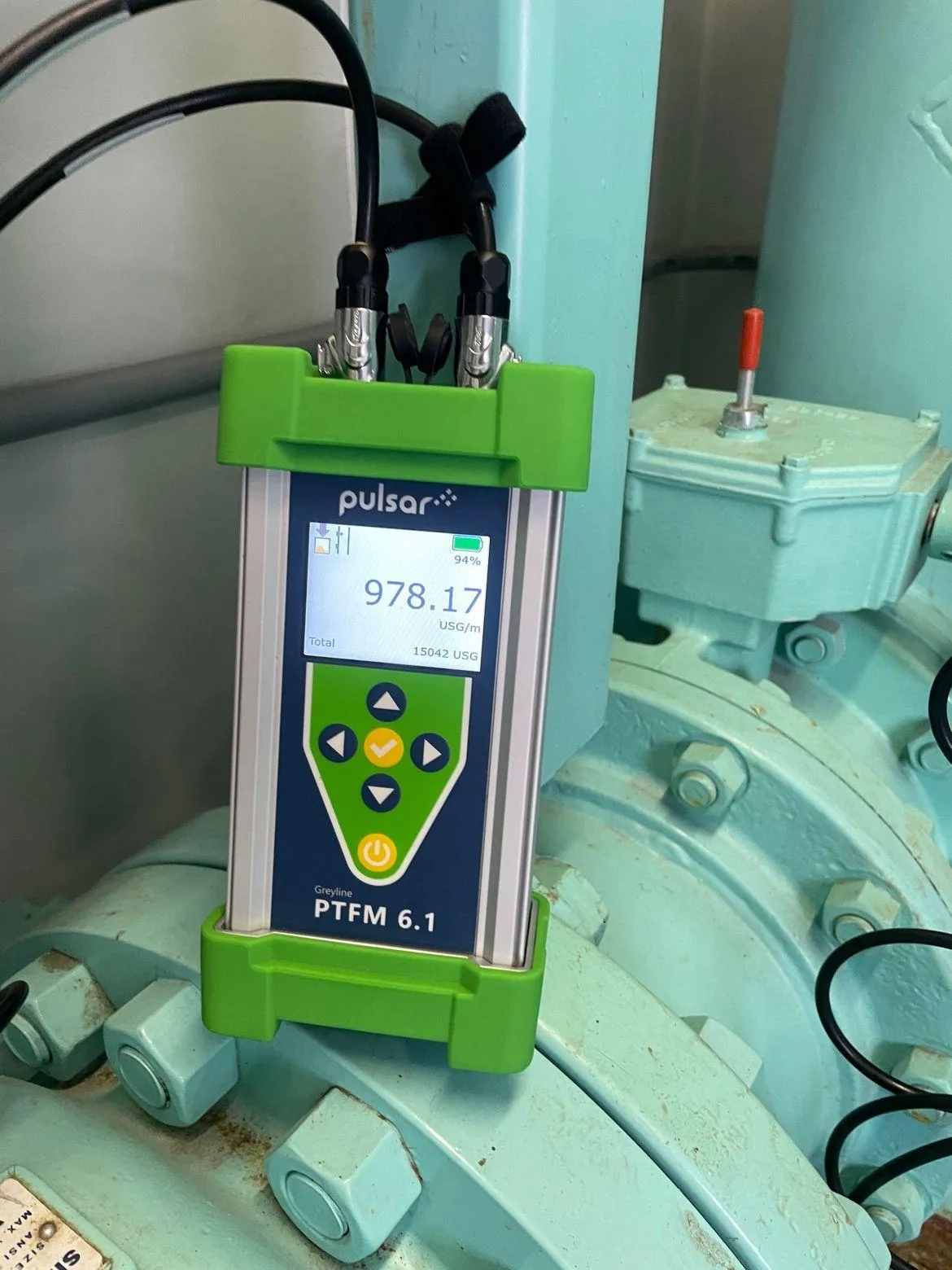 The PTFM 6.1, a product from Pulsar Measurement, in use on a large industrial pipe.