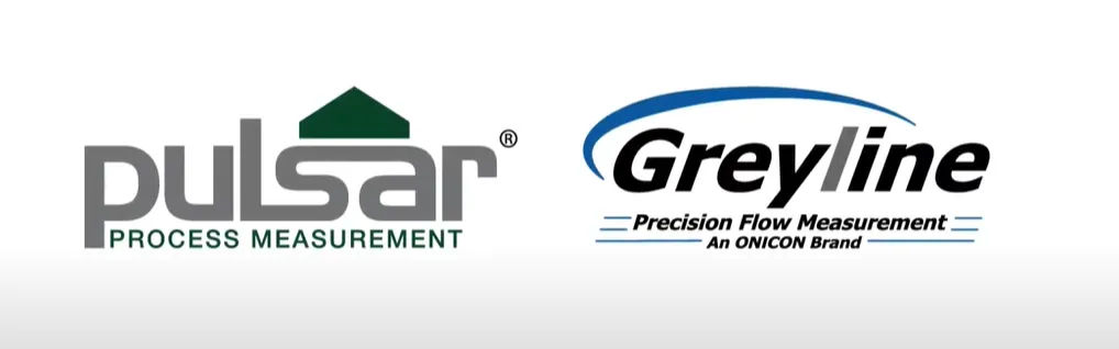 The logos of Pulsar Process Measurement and Greyline Instruments, featuring their respective brand designs. Pulsar's logo showcases a distinctive green and blue color scheme, while Greyline's logo incorporates a sleek blue wave design and text.