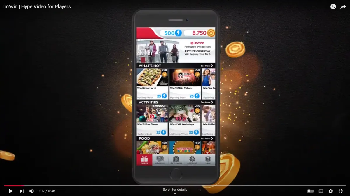 Mobile app interface showing various categories for winning prizes, including “What’s Hot” and “Activities” with in2win coins.