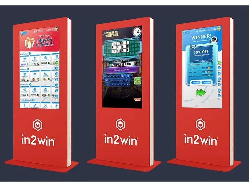 Alt text: in2win promotional kiosks encouraging game interactions for prizes in New York City.