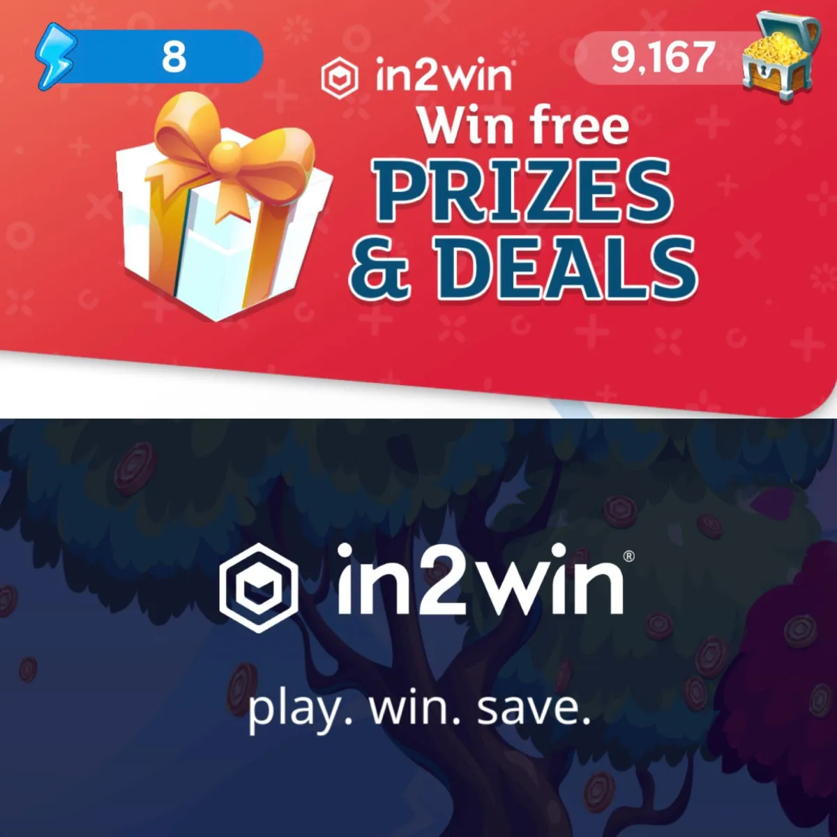 A promotional banner for in2win showing prizes and deals, encouraging user participation.