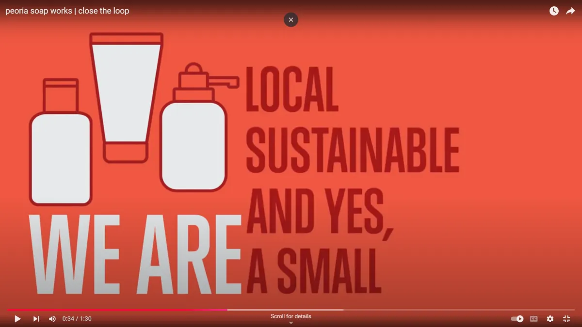 Illustration of eco-friendly soap products with text "Local, Sustainable, and Yes, A Small Business"