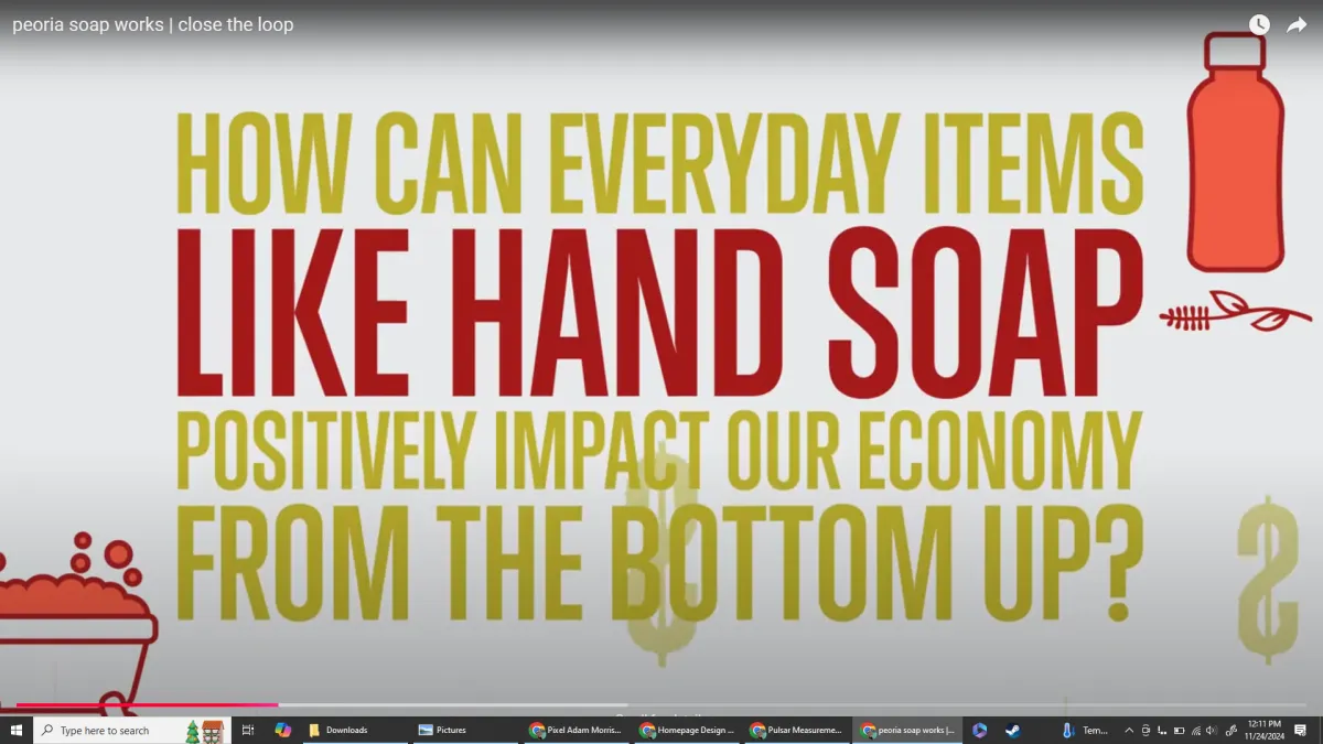 Motion graphic showcasing Peoria Soap Works hand soap with text "How Can Everyday Items Like Hand Soap Impact Our Economy?"