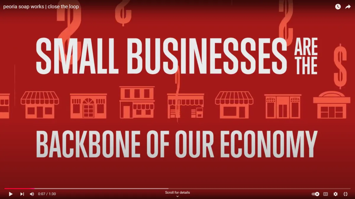 Motion graphic text "Small Businesses Are The Backbone of Our Economy" with illustrated storefronts