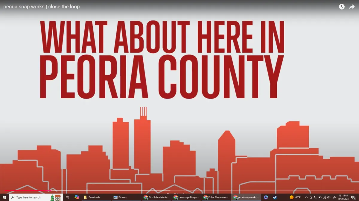 Illustrated Peoria skyline with text "What About Here in Peoria County?"