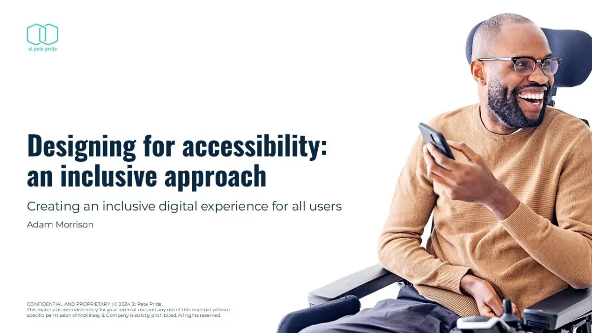 Cover image for Designing for Accessibility presentation, featuring an individual in a wheelchair engaging with a smartphone, illustrating an inclusive digital experience.