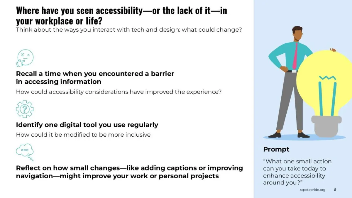 Interactive slide prompting users to reflect on their experiences with accessibility barriers, encouraging inclusive changes in work and personal environments.