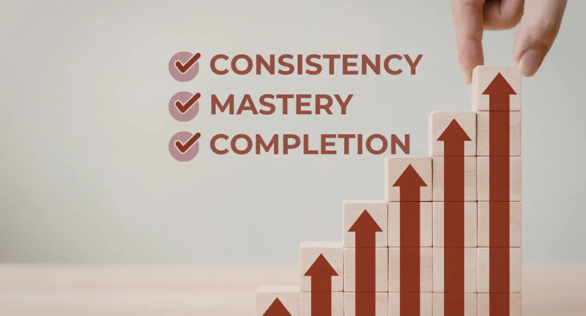 graphic showing upward arrows and bullseye with words consistency, mastery, completion