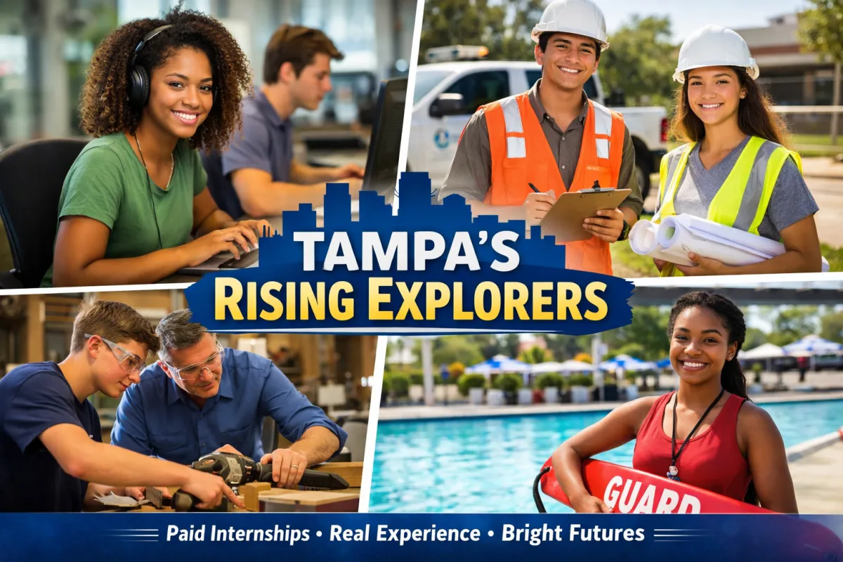 High school students working in office, construction, and lifeguard roles promoting Tampa’s Rising Explorers paid summer internship program.