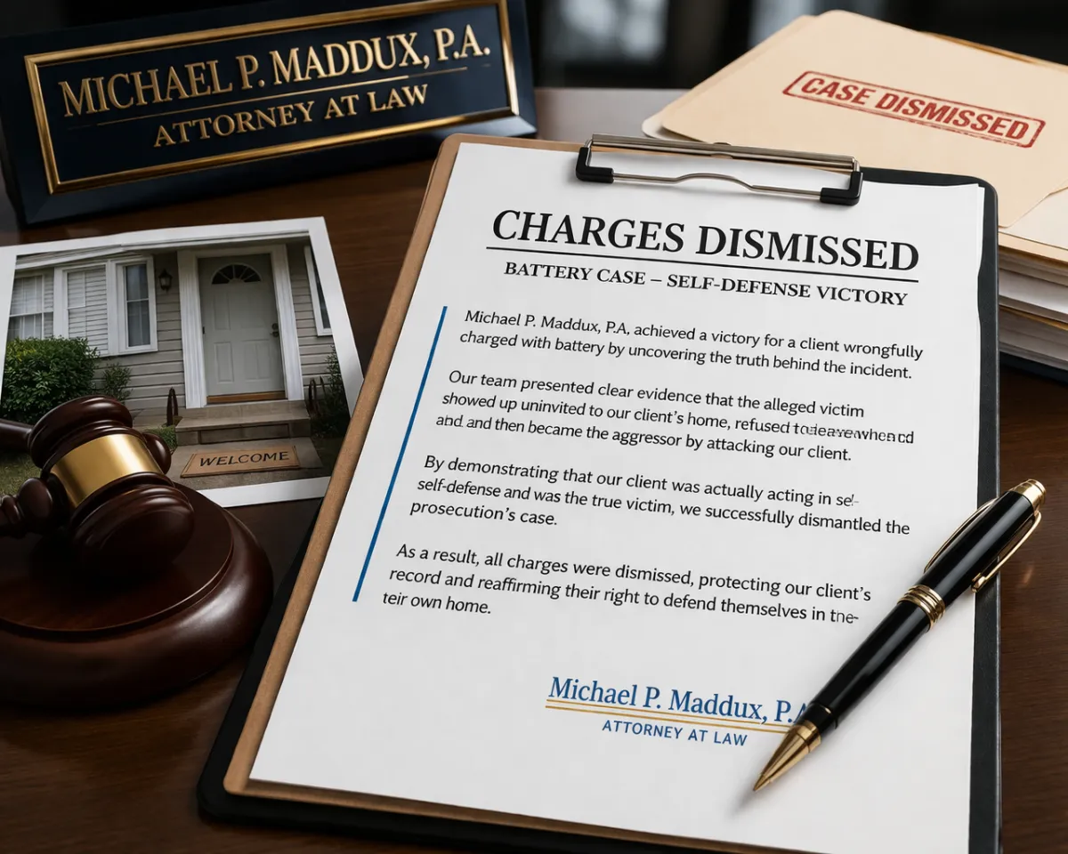 Charges dismissed legal case result with documents and gavel on desk representing a successful self-defense defense outcome in Florida.