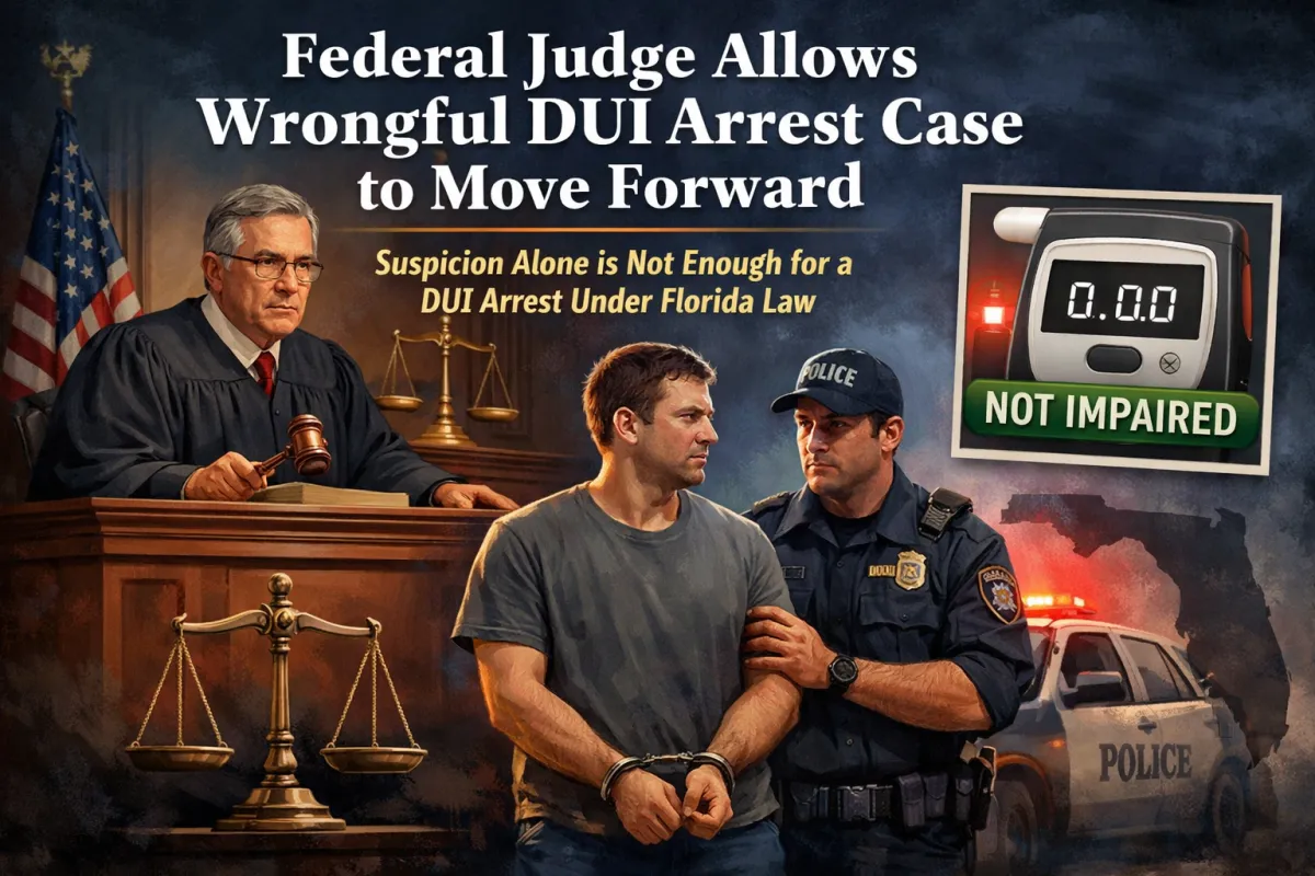 Illustration of a courtroom and DUI arrest scene: a federal judge with a gavel sits beside scales of justice while a police officer detains a handcuffed man in front of a patrol car. A breathalyzer reading “0.00” labeled “Not Impaired” appears alongside text stating “Federal Judge Allows Wrongful DUI Arrest Case to Move Forward” and “Suspicion Alone is Not Enough for a DUI Arrest Under Florida Law.