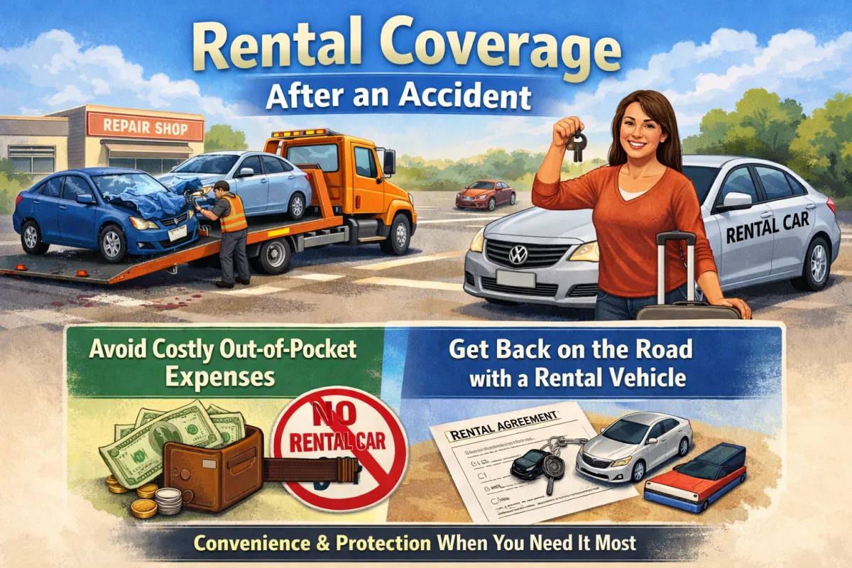 Illustration showing a damaged car being towed after an accident while a woman stands beside a rental car holding keys and luggage. Graphics highlight avoiding out-of-pocket costs and using a rental vehicle during repairs, emphasizing the benefits of rental coverage.