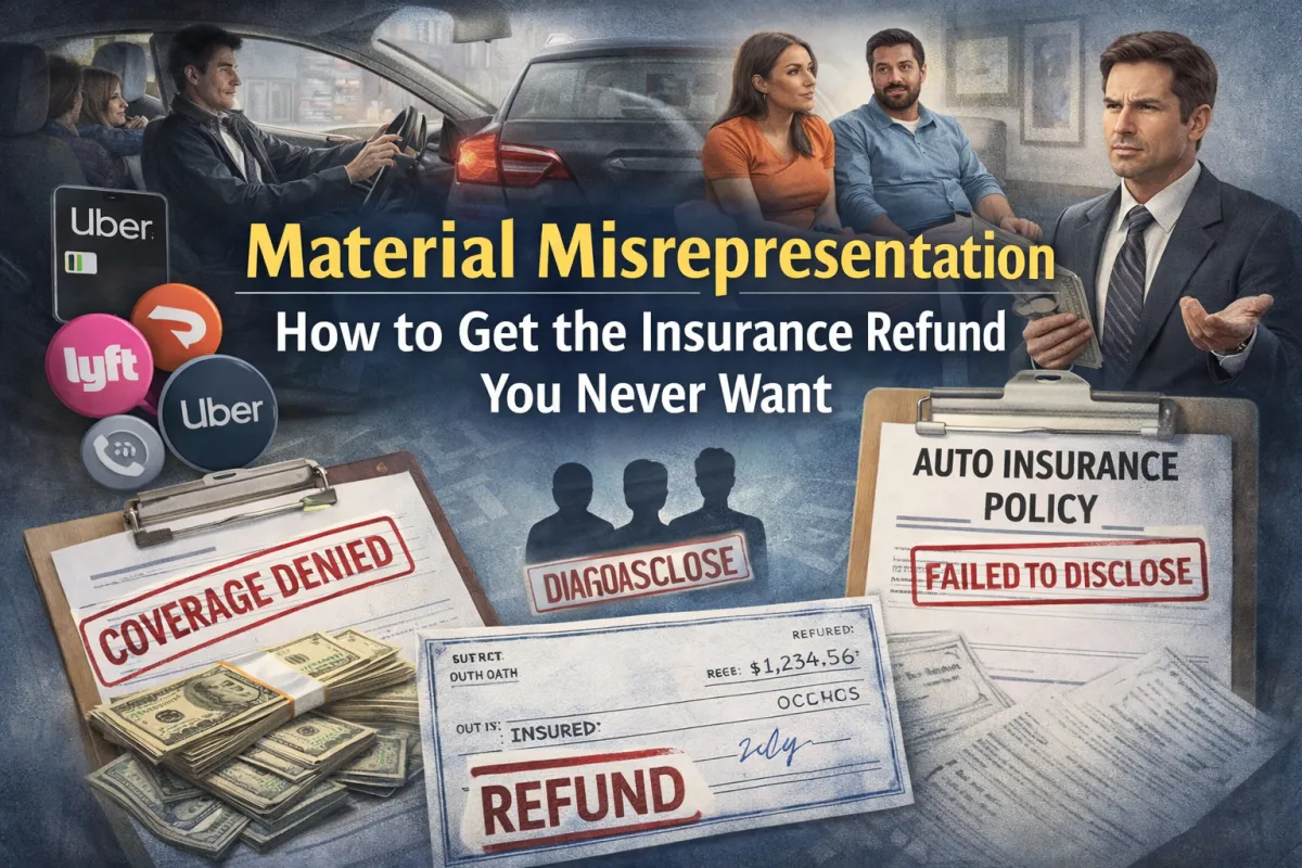 Illustration showing scenarios that can lead to denied auto insurance coverage due to material misrepresentation, including rideshare use, undisclosed household drivers, and documents stamped “coverage denied” and “failed to disclose,” alongside a refunded insurance check.