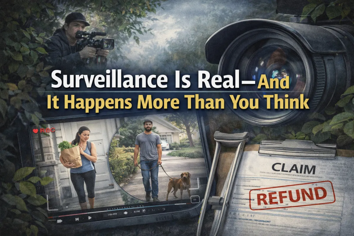Illustration depicting insurance surveillance in a personal injury case, showing an investigator filming individuals performing everyday activities like carrying groceries and walking a dog, with a camera lens view and a claim document stamped “refund,” highlighting how routine actions can be used against a claim.