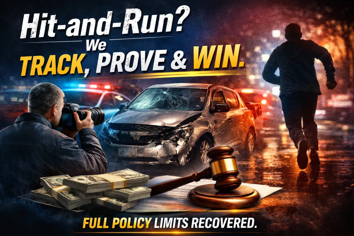 Hit-and-run accident scene with damaged vehicle, investigator documenting evidence, and fleeing driver, illustrating a personal injury law firm securing full policy limits recovery.
