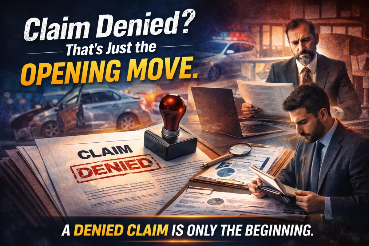 Denied insurance claim document with attorneys analyzing evidence and accident scene, representing a law firm helping clients challenge claim denials and pursue compensation.