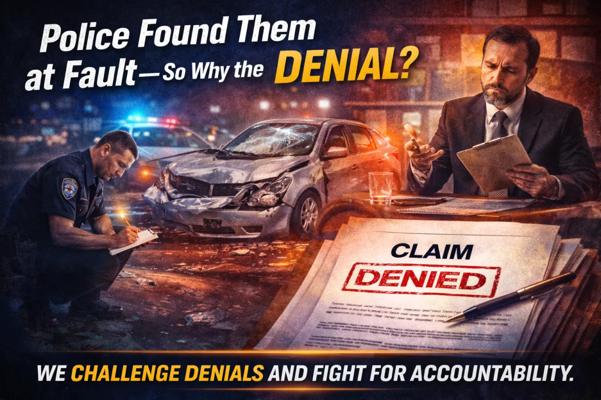 Police investigating car accident with damaged vehicle while insurance company denies liability, representing a law firm challenging denied claims and proving fault.