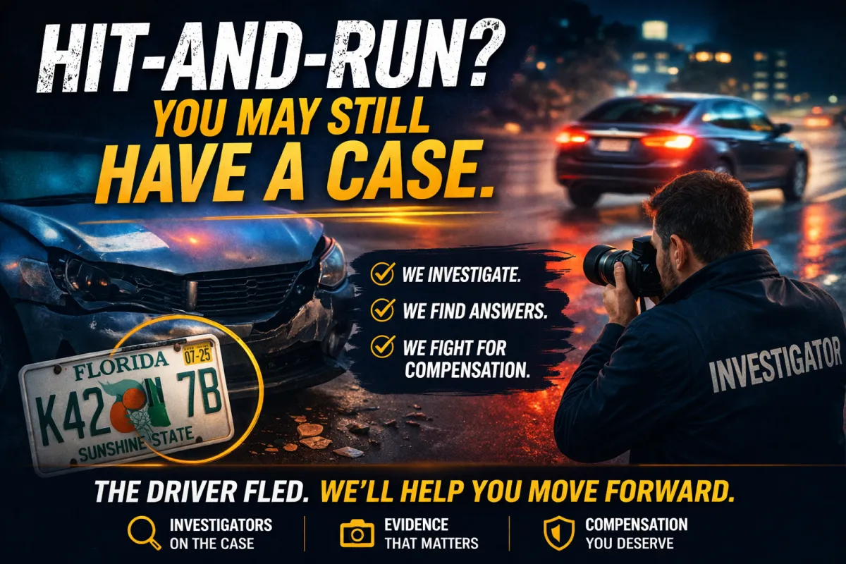 Hit-and-run accident with damaged car, investigator documenting evidence, and partial license plate close-up, representing a law firm helping clients pursue compensation after a fleeing driver.