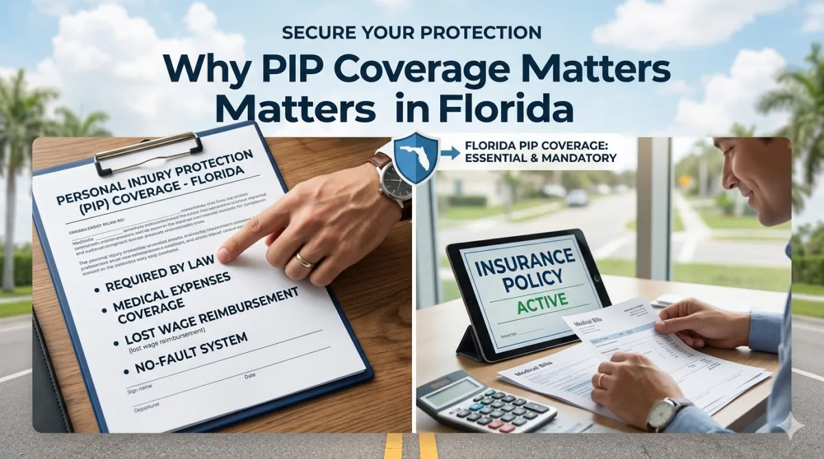 A professional split-screen graphic titled "Why PIP Coverage Matters in Florida." The left side shows a hand pointing to an insurance document on a clipboard listing key benefits like "Required by Law" and "Medical Expenses Coverage." The right side shows a person reviewing medical bills next to a tablet displaying "Insurance Policy: Active." The background features a sunny Florida road with palm trees.