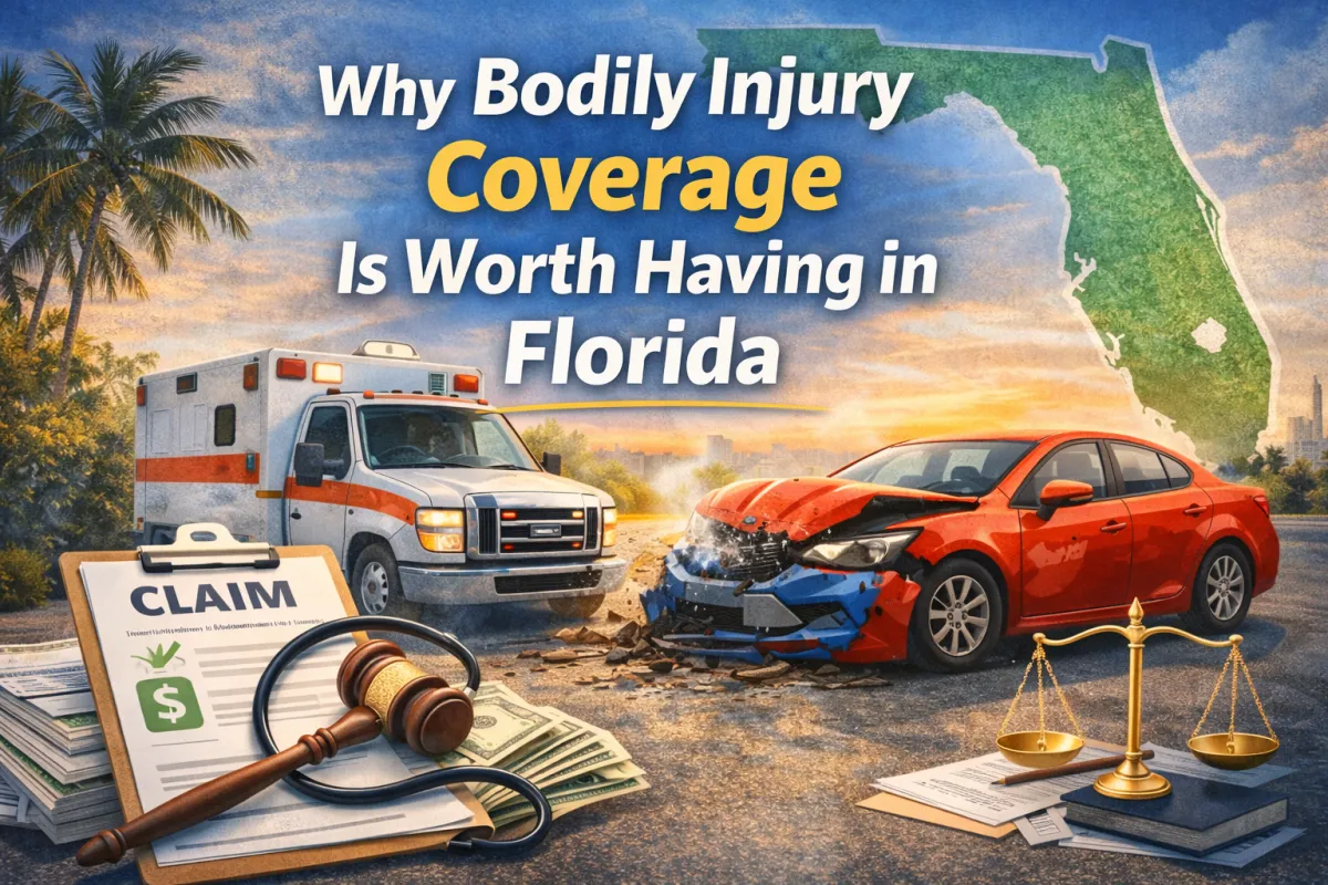 Blog cover image showing a Florida car accident scene with two vehicles colliding, surrounded by medical bills, insurance paperwork, cash, and legal symbols like a gavel, with bold text reading “Why Bodily Injury Coverage Is Worth Having in Florida”