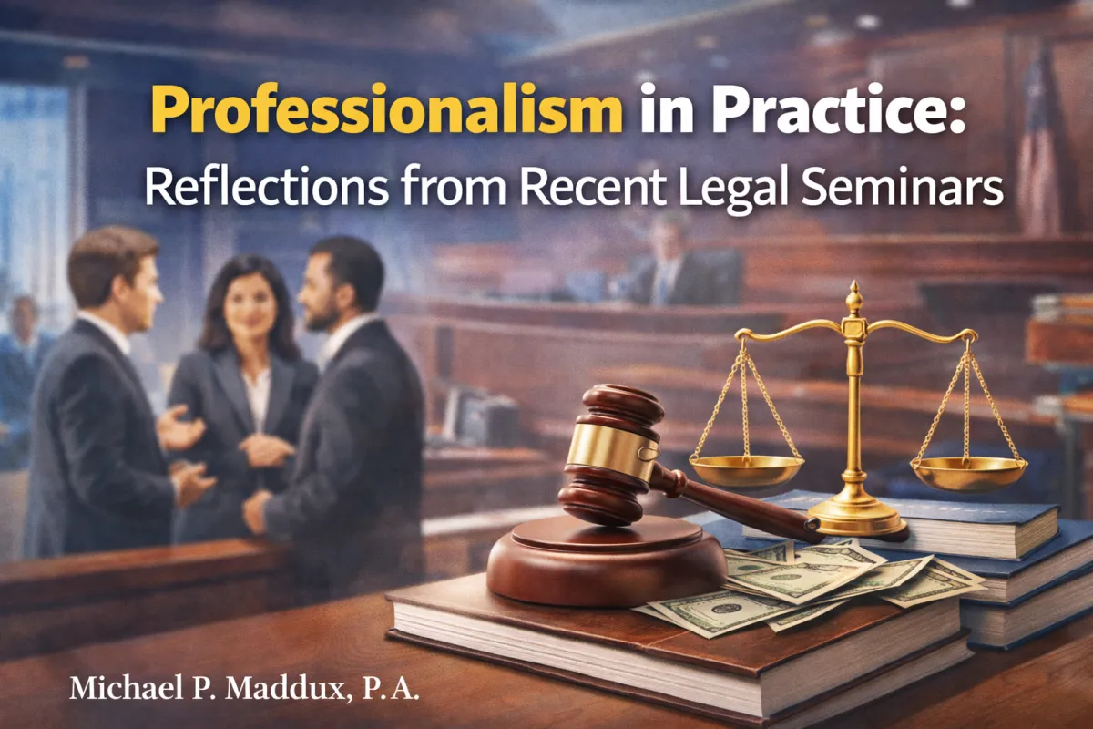 Blog cover image showing a courtroom setting with attorneys in discussion, a judge in the background, and legal symbols including a gavel, scales of justice, and law books, with text reading “Professionalism in Practice: Reflections from Recent Legal Seminars”