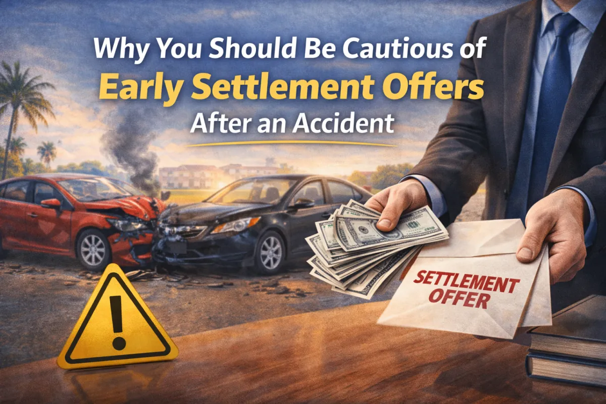 Car accident scene with insurance agent offering cash and a settlement envelope, highlighting risks of early settlement offers after an accident