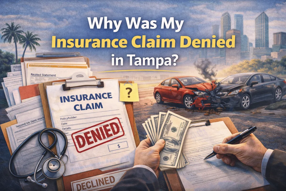Blog cover image showing a denied insurance claim with paperwork stamped “DENIED,” medical documents, cash, and a car accident scene in Tampa, illustrating reasons insurance claims may be denied