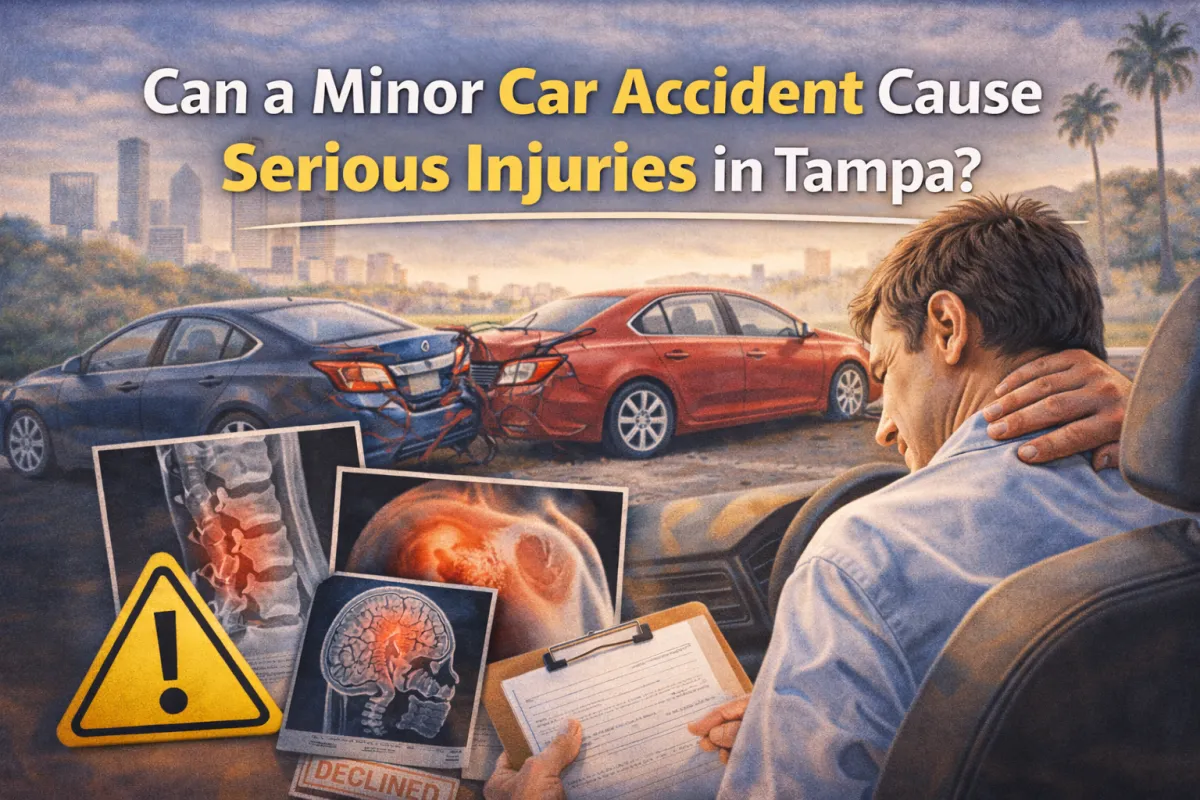 Minor car accident with driver holding neck pain and medical images showing injuries in Tampa