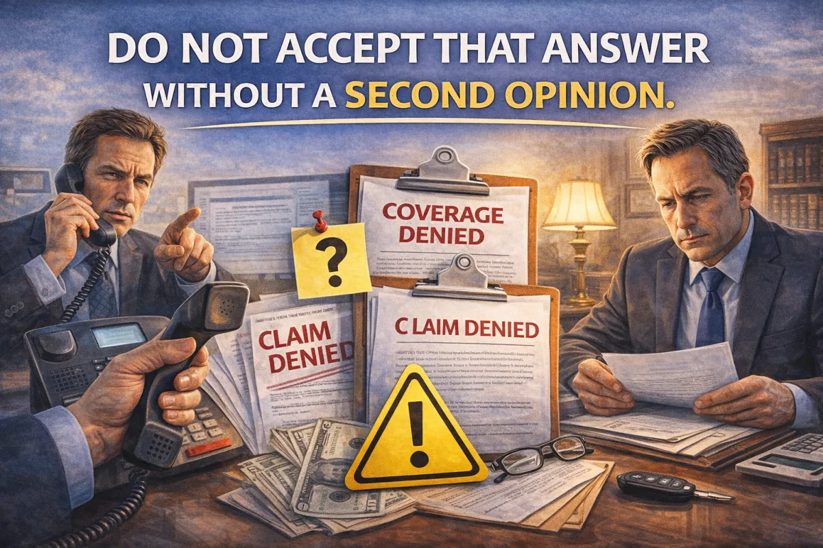 Denied insurance claim documents with adjuster and attorney, highlighting need for second opinion