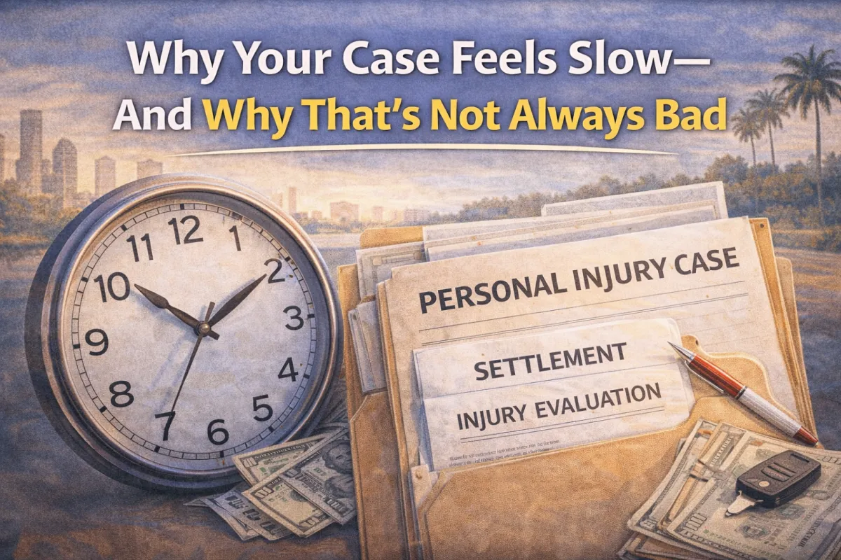 Clock and personal injury case file with documents and cash, showing slower case timeline leads to better outcome