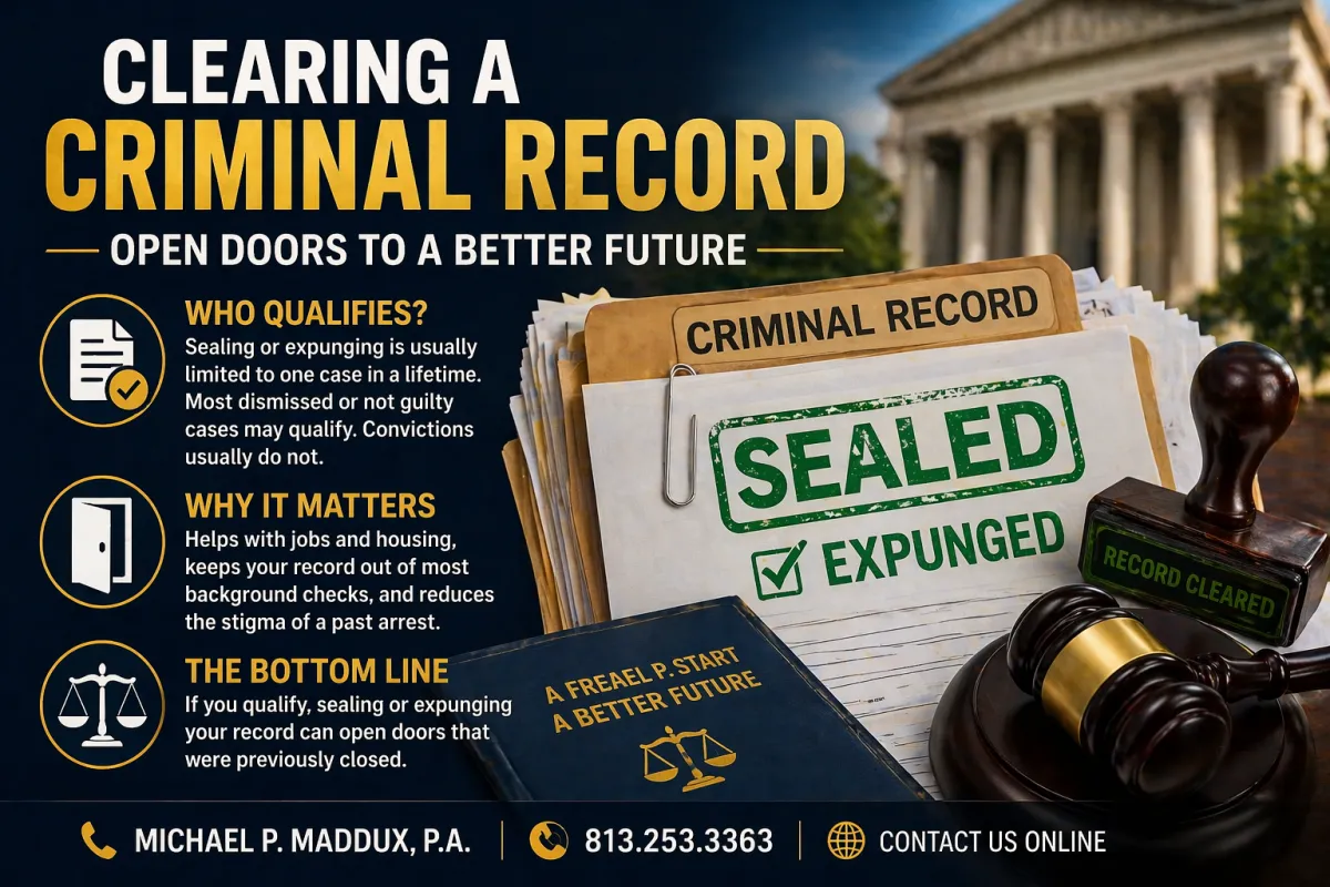 Sealed and expunged criminal record file with gavel and court documents representing record clearing in Florida